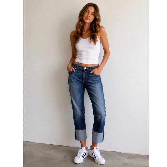 Hudson Jeans Denim - Hudson Crop Muse Skinny Factory Distressed with 5" Cuff Size 28 Dark Wash Jeans
